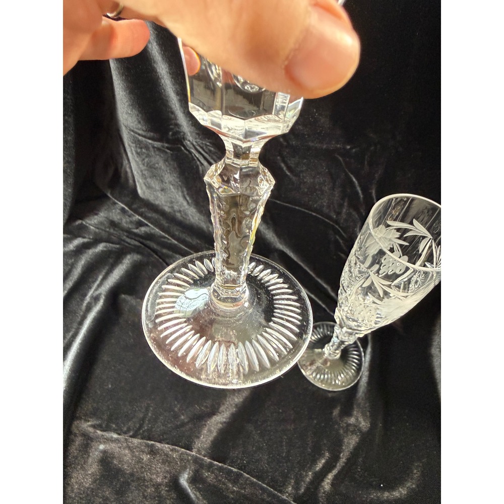 Vintage Cut Crystal Champagne Flutes Etched Floral Starburst Glasses Set 6 - Picture 7 of 7